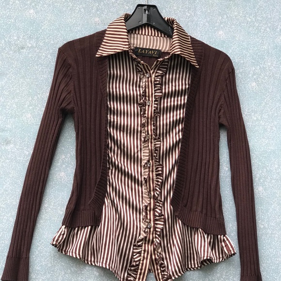 LAYAVI Brown and Beige Combined Long Sleeve Top Size M/L - Picture 4 of 12